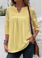Patchwork Light Yellow 3/4 Sleeve Split Neck Blouse