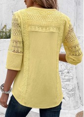 Patchwork Light Yellow 3/4 Sleeve Split Neck Blouse