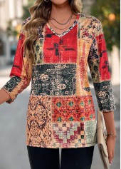 Tribal Print Patchwork Multi Color V Neck T Shirt