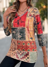 Tribal Print Patchwork Multi Color V Neck T Shirt