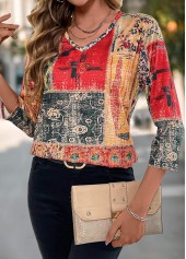 Tribal Print Patchwork Multi Color V Neck T Shirt