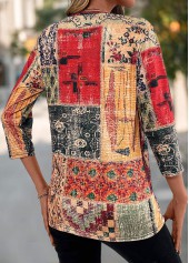 Tribal Print Patchwork Multi Color V Neck T Shirt