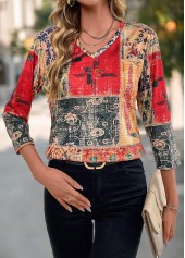 Tribal Print Patchwork Multi Color V Neck T Shirt