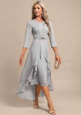 Fake 2in1 High Low Split Neck Light Grey Dress