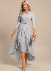 Fake 2in1 High Low Split Neck Light Grey Dress
