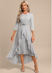 Fake 2in1 High Low Split Neck Light Grey Dress