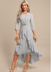 Fake 2in1 High Low Split Neck Light Grey Dress