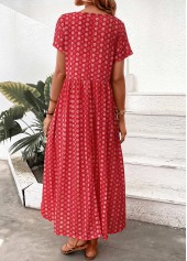 Geometric Print Pocket Red Maxi A Line Dress