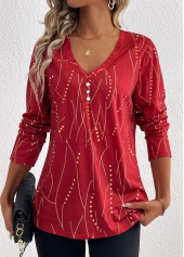 Plus Size Wine Red Button Geometric Print T Shirt