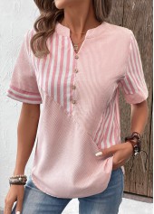 Striped Patchwork Pink Short Sleeve Split Neck Blouse