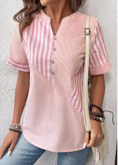 Striped Patchwork Pink Short Sleeve Split Neck Blouse