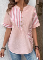 Striped Patchwork Pink Short Sleeve Split Neck Blouse