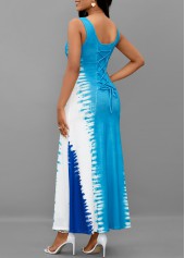 Tie Dye Print Lace Up Light Blue Maxi Dress