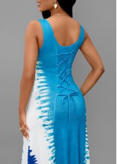 Tie Dye Print Lace Up Light Blue Maxi Dress