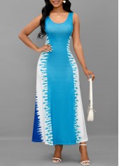 Tie Dye Print Lace Up Light Blue Maxi Dress