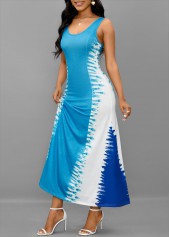 Tie Dye Print Lace Up Light Blue Maxi Dress