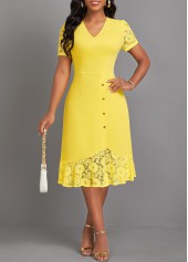 Lace Light Yellow Short Sleeve V Neck Dress