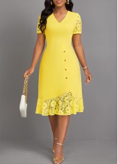 Lace Light Yellow Short Sleeve V Neck Dress
