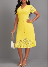 Lace Light Yellow Short Sleeve V Neck Dress