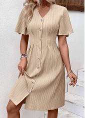 Textured Fabric Light Camel Short Sleeve V Neck Dress