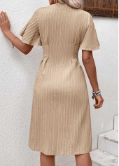 Textured Fabric Light Camel Short Sleeve V Neck Dress