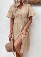 Textured Fabric Light Camel Short Sleeve V Neck Dress