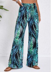 Tropical Plants Print Drawstring Turquoise Elastic Waist Pants