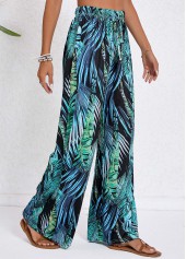 Tropical Plants Print Drawstring Turquoise Elastic Waist Pants
