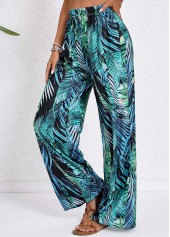 Tropical Plants Print Drawstring Turquoise Elastic Waist Pants