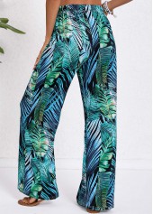Tropical Plants Print Drawstring Turquoise Elastic Waist Pants