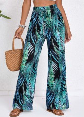 Tropical Plants Print Drawstring Turquoise Elastic Waist Pants