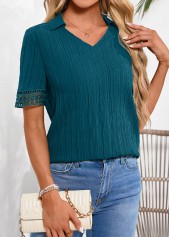 Lace Peacock Blue Short Sleeve Shirt Collar Blouse