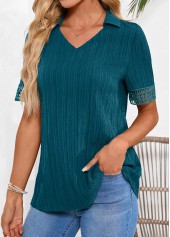 Lace Peacock Blue Short Sleeve Shirt Collar Blouse