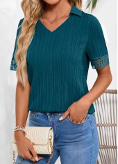 Lace Peacock Blue Short Sleeve Shirt Collar Blouse