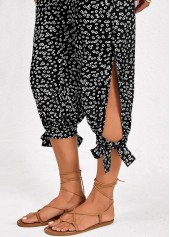 Ditsy Floral Print Split Black Jogger Elastic Waist Pants