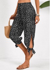 Ditsy Floral Print Split Black Jogger Elastic Waist Pants