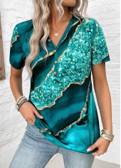 Plus Size Turquoise Button Marble Print T Shirt