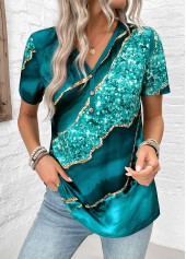 Plus Size Turquoise Button Marble Print T Shirt