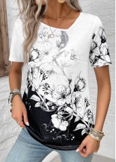 Floral Print Lightweight Black Short Sleeve T Shirt