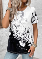Floral Print Lightweight Black Short Sleeve T Shirt