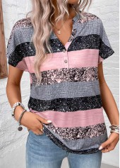 Striped Split Grey Short Sleeve Blouse