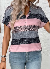 Striped Split Grey Short Sleeve Blouse