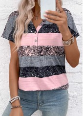 Striped Split Grey Short Sleeve Blouse