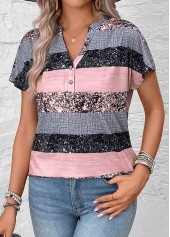 Striped Split Grey Short Sleeve Blouse
