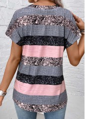Striped Split Grey Short Sleeve Blouse