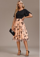 Butterfly Print Mesh Black Short Sleeve Dress