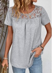 Patchwork Grey Short Sleeve Round Neck T Shirt