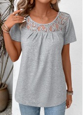 Patchwork Grey Short Sleeve Round Neck T Shirt