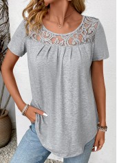 Patchwork Grey Short Sleeve Round Neck T Shirt