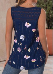 Floral Print Lace Navy Sleeveless V Neck Tank Top